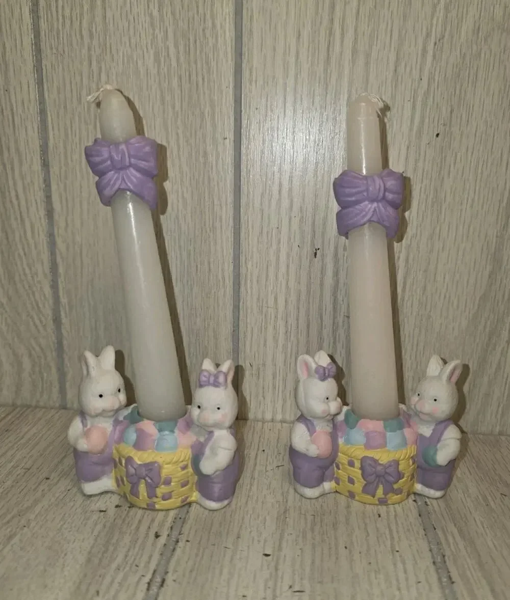 Vtg Hermitage Pottery Easter Candle Holders Bunny Rabbits Easter Basket Set Of 2